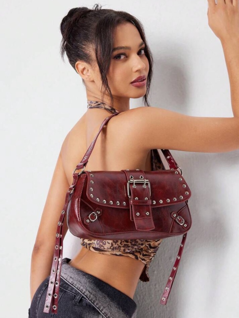 Burgundy Studded Buckle Shoulder Bag – Y2K Vintage Edgy Mini Handbag - Picture 7 of 8